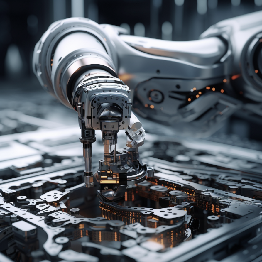 Precision robotic manufacturing arm performing automated assembly, representing intelligent, sensor-driven physical systems