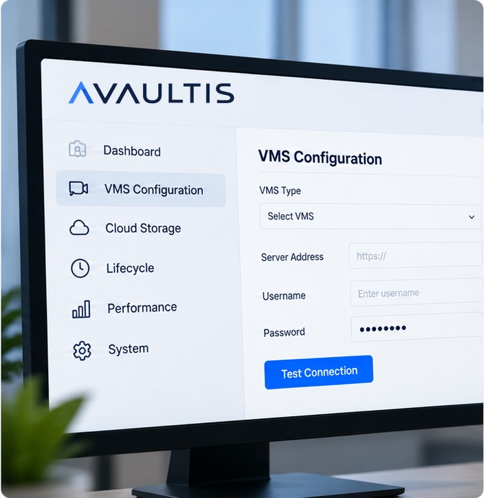 AVAULTIS VMS configuration screen on a desktop monitor