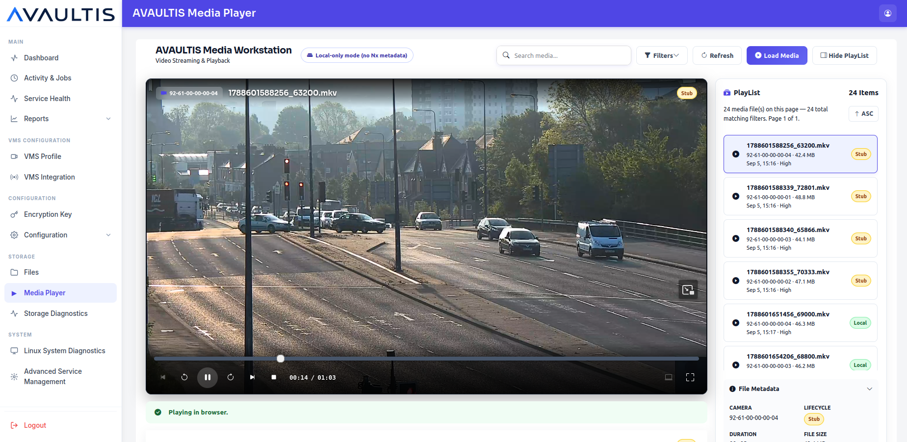 AVAULTIS Media Player reviewing a previously recorded video with a playlist of recordings alongside it
