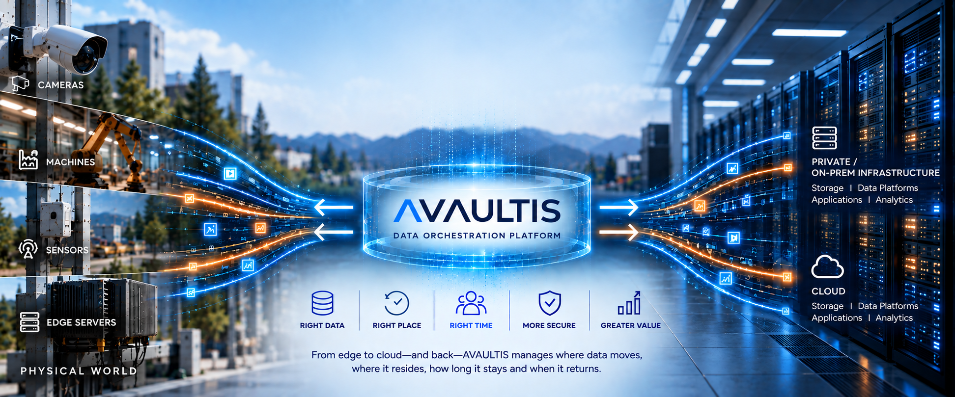 AVAULTIS data orchestration platform connecting the physical world -- cameras, machines, sensors and edge servers -- through AVAULTIS to both private/on-prem infrastructure and cloud infrastructure, each with storage, data platforms, applications and analytics