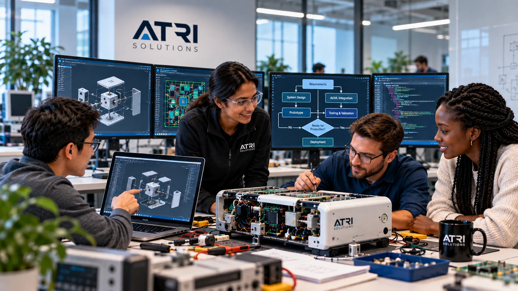 Illustrative example of a multidisciplinary ATRI engineering team collaborating across mechanical design, electronics and embedded software, with an AI-assisted development workflow shown on screen