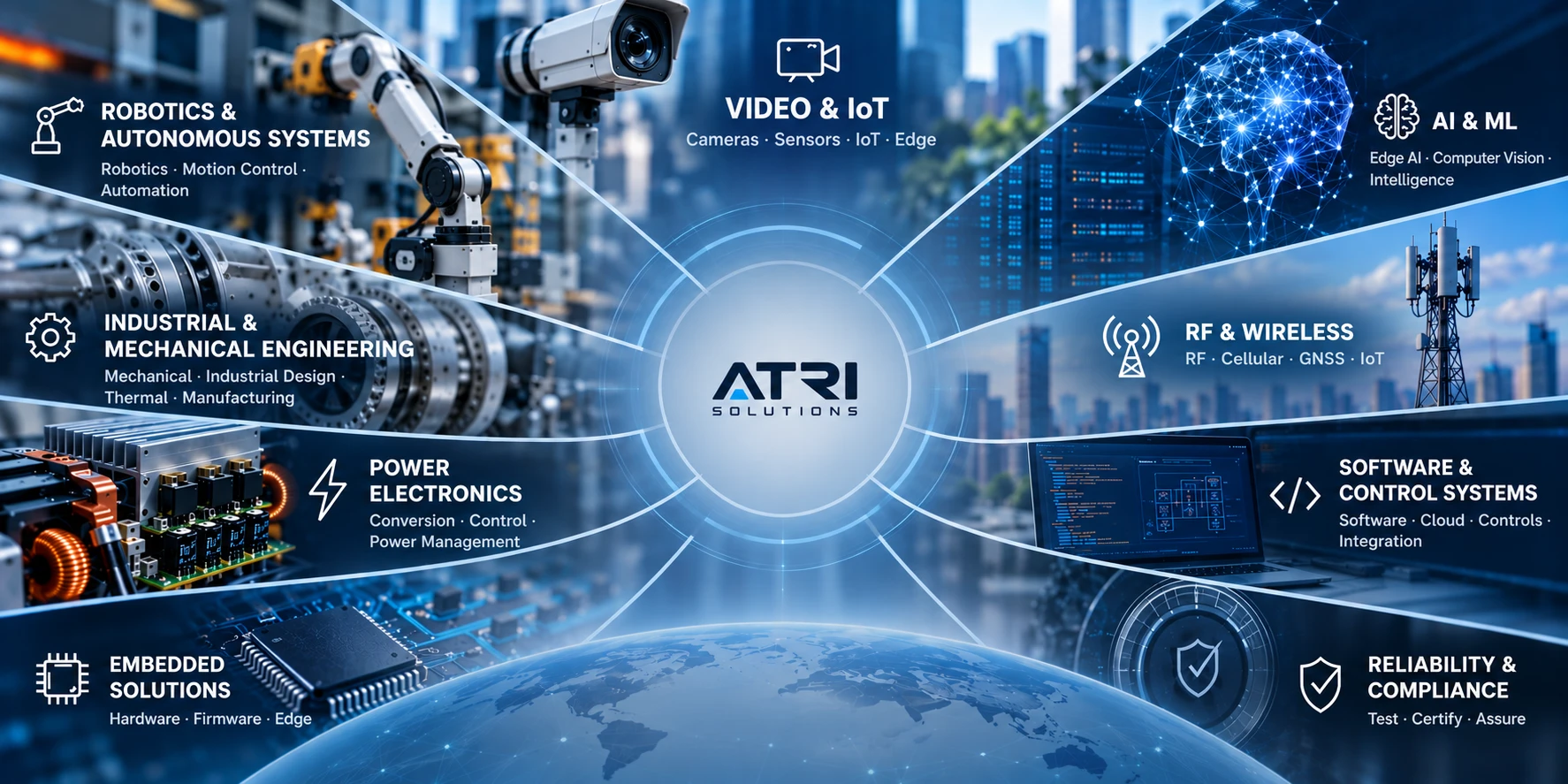 ATRI Centers of Excellence radiating from a central ATRI Solutions hub: Video & IoT, AI & ML, RF & Wireless, Software & Control Systems, Reliability & Compliance, Embedded Solutions, Power Electronics, Industrial & Mechanical Engineering and Robotics & Autonomous Systems