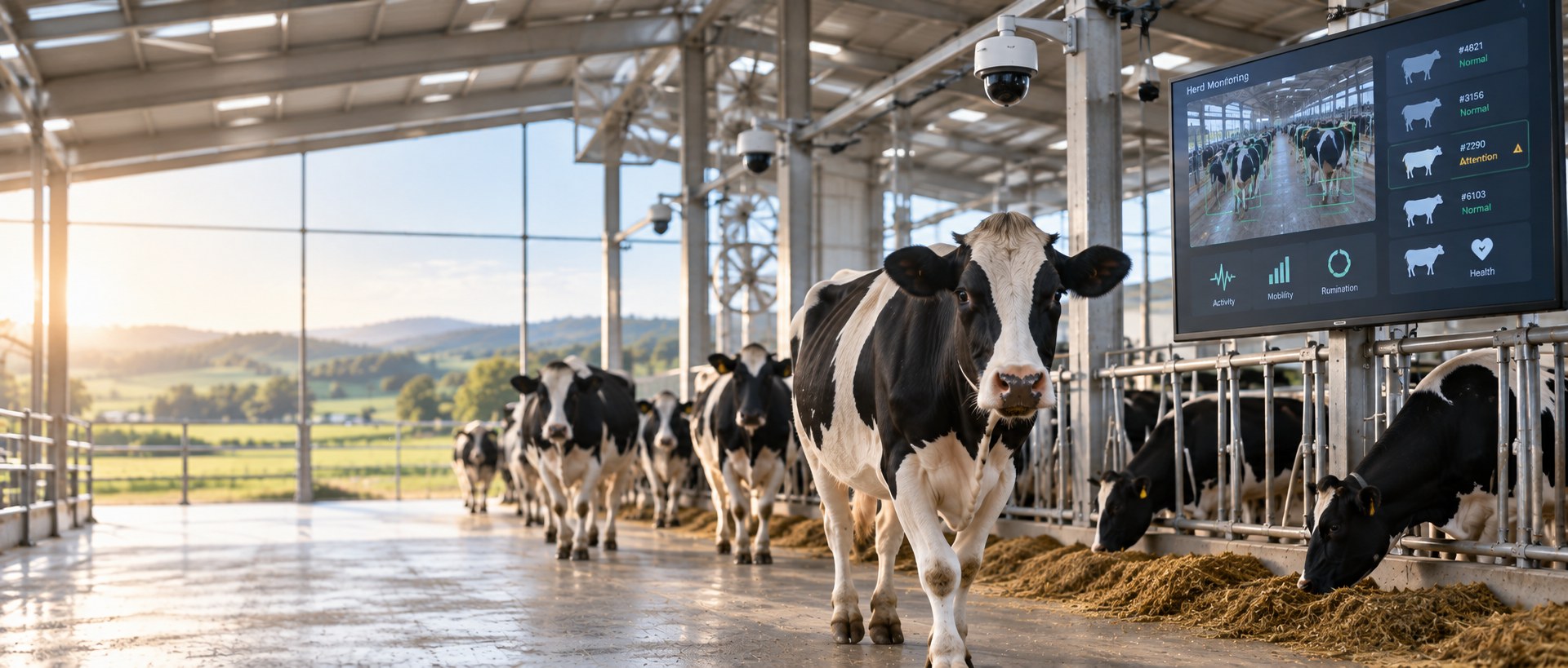 Cattle moving through a connected dairy barn, with an AI-powered herd-monitoring display tracking activity, mobility, rumination and health for each animal