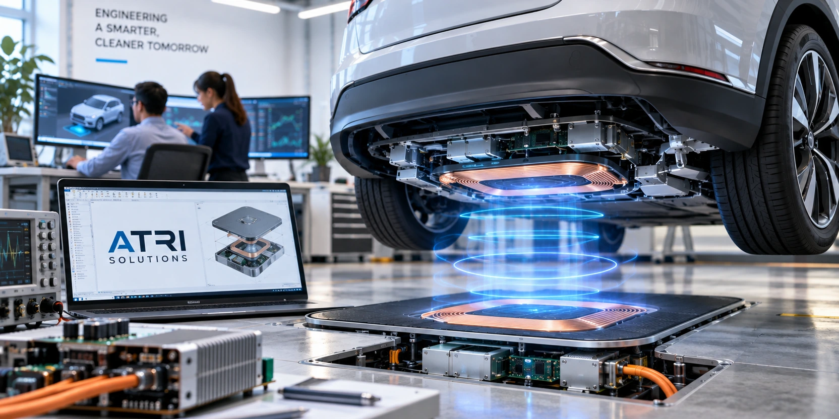 Illustrative multidisciplinary engineering example: an electric vehicle wireless charging system integrating the vehicle-side receiver, a ground induction charging pad, power electronics and embedded control, shown in an engineering test and CAD environment