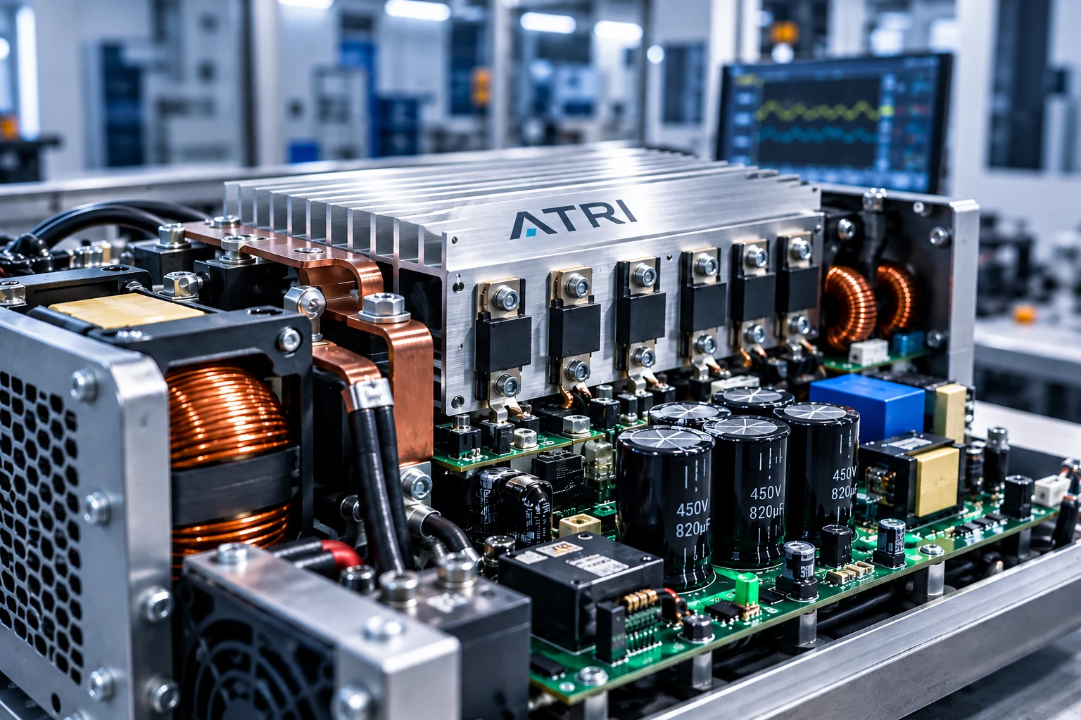 ATRI power electronics assembly with heatsink-mounted power modules, copper busbars, toroidal inductors, high-voltage electrolytic capacitors and control electronics on a test bench