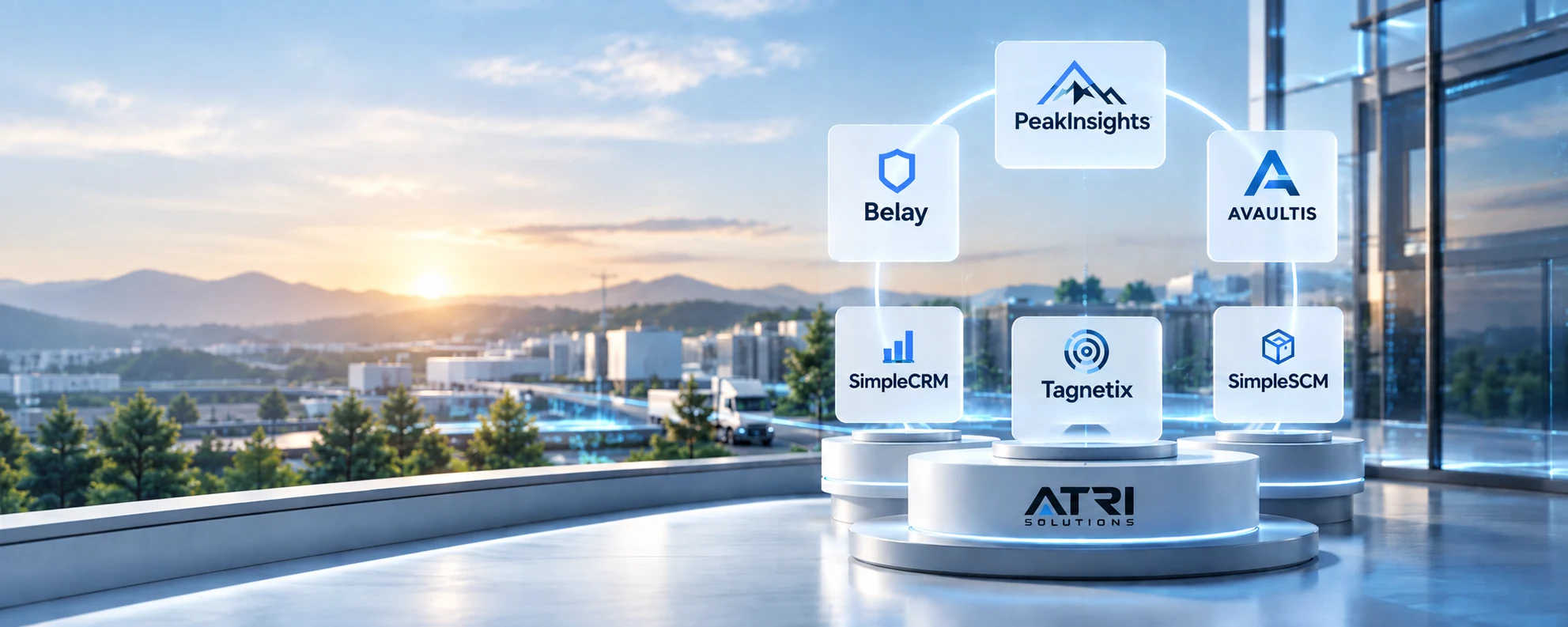 ATRI Product Platforms -- Belay, PeakInsights, AVAULTIS, SimpleCRM, Tagnetix and SimpleSCM -- on an ATRI Solutions podium overlooking a city skyline
