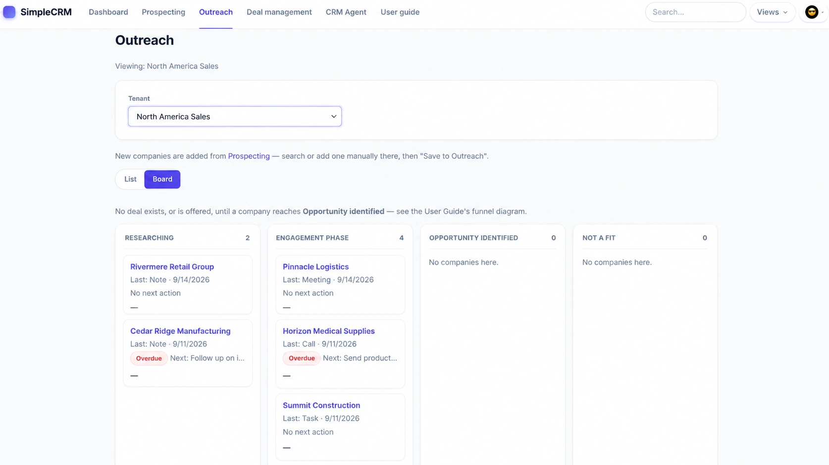 SimpleCRM Outreach board showing companies as cards in Researching, Engagement Phase, Opportunity Identified and Not a Fit columns, each with its last and next action