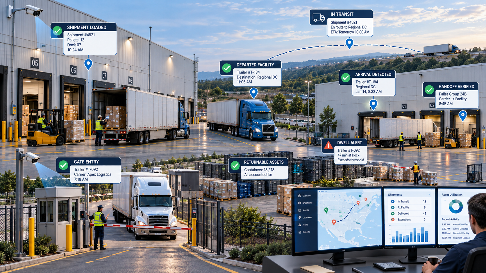 Illustrative example of a transportation and logistics operation showing an origin facility with loading docks, trailers being loaded and departing, a shipment moving in transit to a destination facility, an arrival and handoff, gate entry monitoring, returnable assets, a dwell alert, and an overview dashboard screen showing shipment and asset status